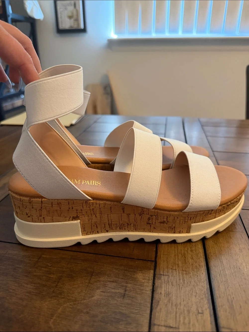 Dream Pairs White Elastic Ankle Strap Cork-Style Platform Wedge Sandals